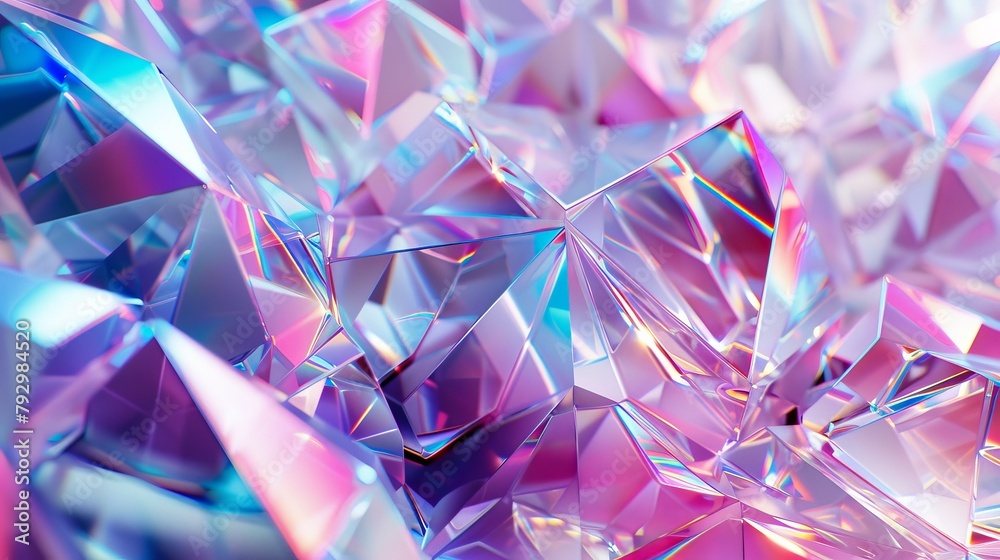 Poster rendering in 3d of an abstract geometric crystal background with iridescent texture and liquid.