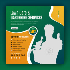 Organic food and agriculture service for social media cover or post design template, modern lawn mower garden, or landscaping service with green gradient background and abstract yellow color shape