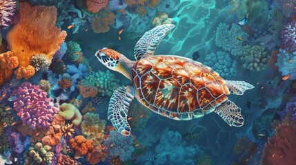 Naklejka na ściany i meble Aerial view of a sea turtle gliding effortlessly through vibrant coral reefs