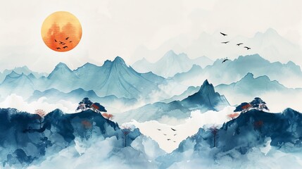 Modern image of Floating Mountains with trees, birds, and the sun in a watercolor landscape. For use as home decor, office art, or wallpaper.