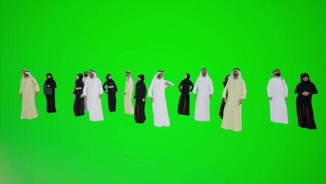 3D animation supporting the Arabs in Dubai on the green screen of chroma key 3d people redner chroma key background animation man and woman walk talk