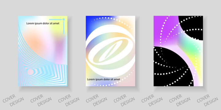 Abstract minimal geometric backgrounds set. Colorful geometric pattern with holographic texture and distorted geometric shapes. For printing on covers, banners, sales, flyers. Modern design.