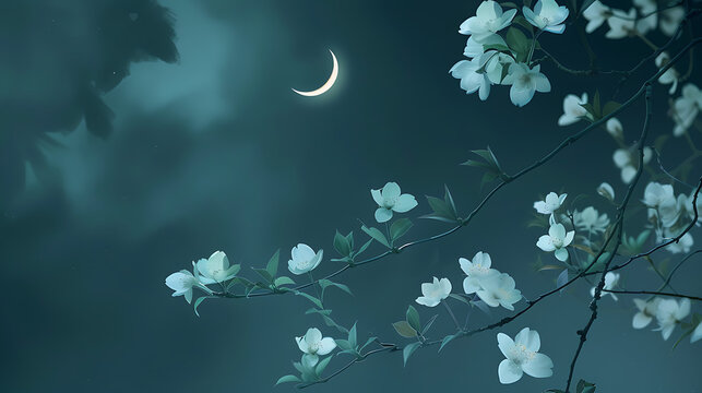 Moonlit Magnolia Melody
A serene night sky cradles a full moon that casts its silver light on blossoming magnolias, their branches weaving a delicate silhouette against the stars.