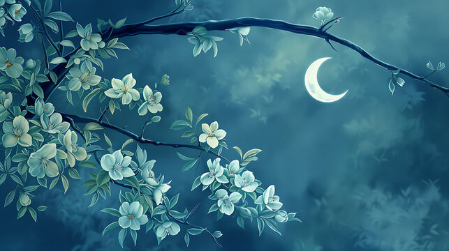 Moonlit Magnolia Melody
A serene night sky cradles a full moon that casts its silver light on blossoming magnolias, their branches weaving a delicate silhouette against the stars.