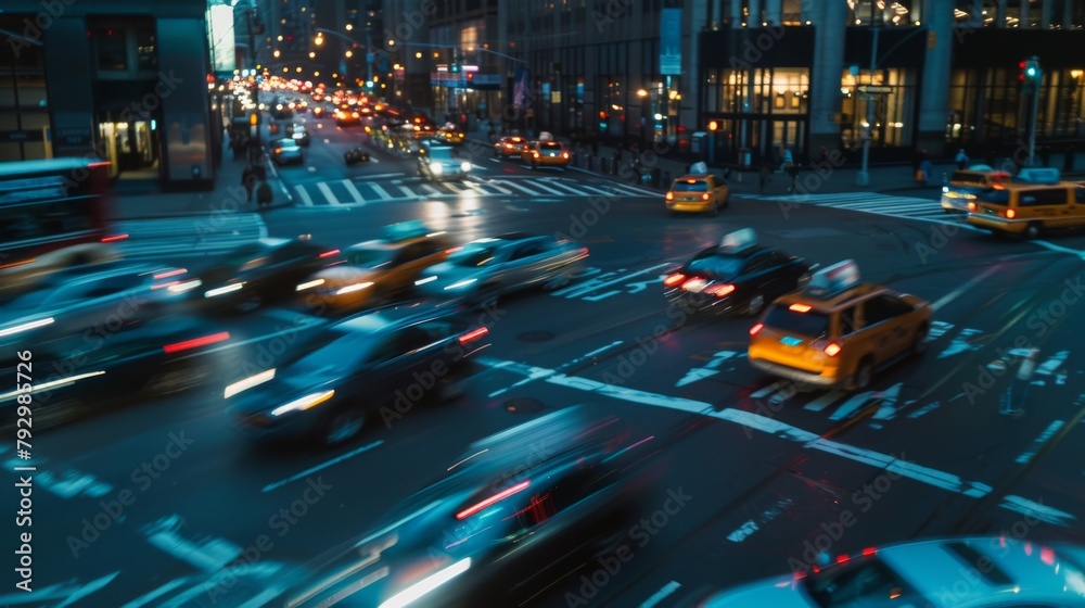Poster blurred motion of vehicles navigating a busy intersection under the cover of darkness