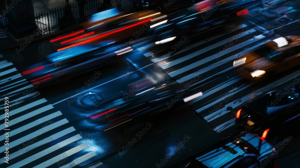 Aufkleber blurred motion of vehicles navigating a busy intersection under the cover of darkness