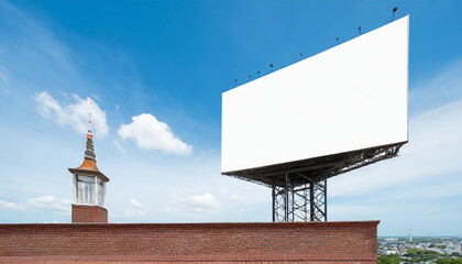 Blank billboard on construction site next to unfinished building Copy space image Place for adding text or design