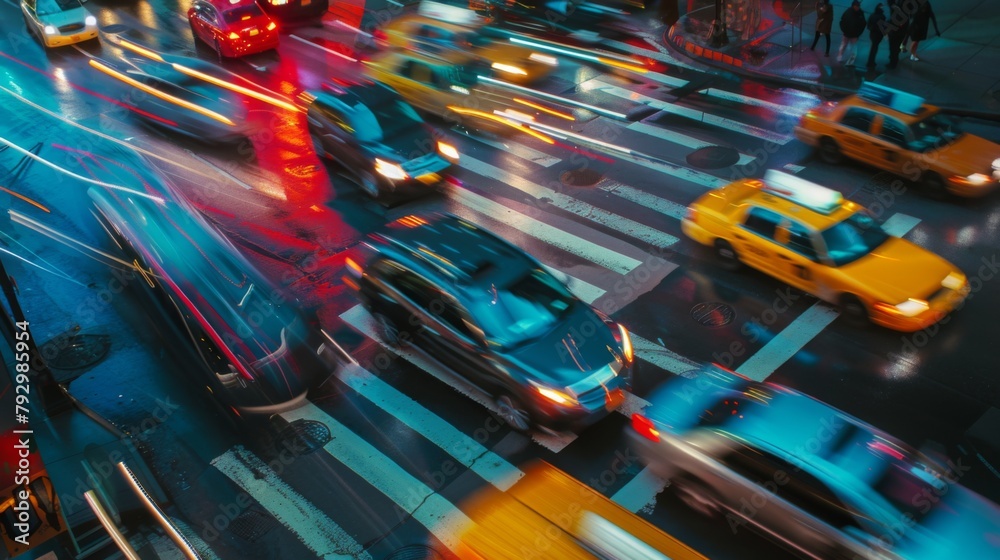 Poster blurred motion of vehicles navigating a busy intersection under the cover of darkness