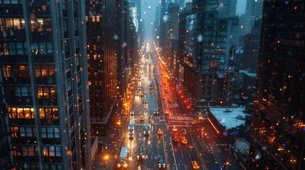Fototapeta na wymiar Bright cityscape with traffic streaming along roads as day transitions into night