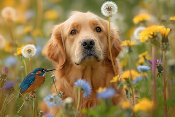 Serene golden retriever with kingfisher in a blooming meadow, concept of nature's harmony - 792986183