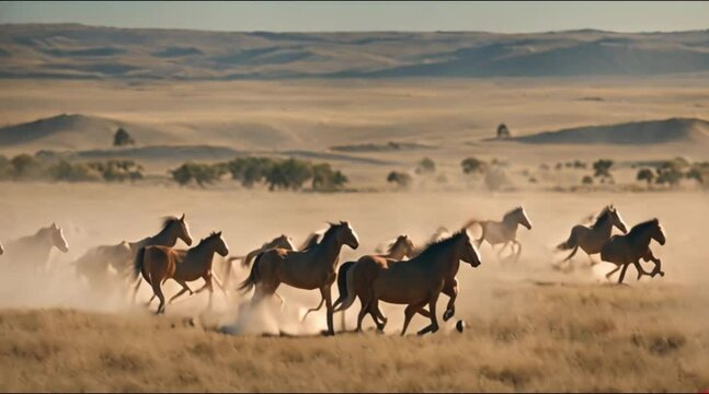 Wild horses galloping across open plains.
