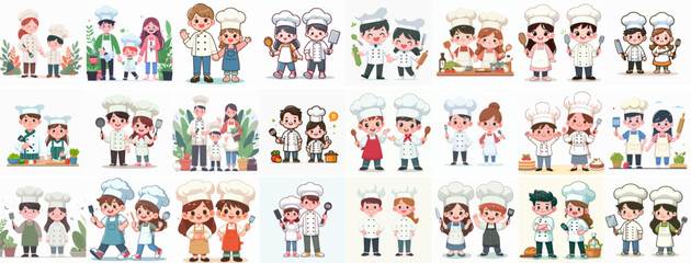 Fototapeta na wymiar Vector set of chef couple being cheerful with a simple flat design style