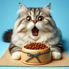 surprised cat with a bowl of cat food isolated on blue background