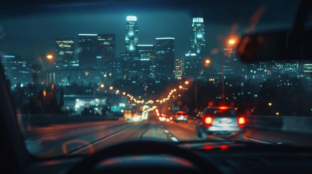 City skyline seen through the windshield of a car driving along a busy nighttime road