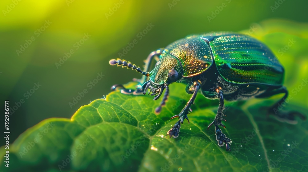 Poster close-up of a beetle crawling along the surface of a leaf, its shiny exoskeleton gleaming