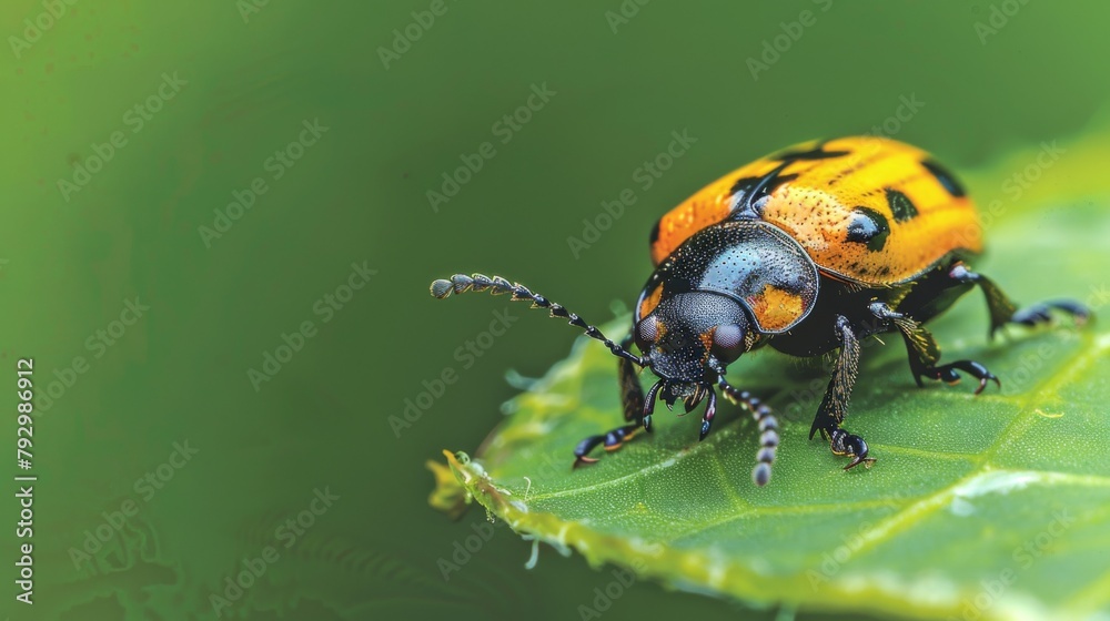Poster close-up of a beetle crawling along the surface of a leaf, its shiny exoskeleton gleaming