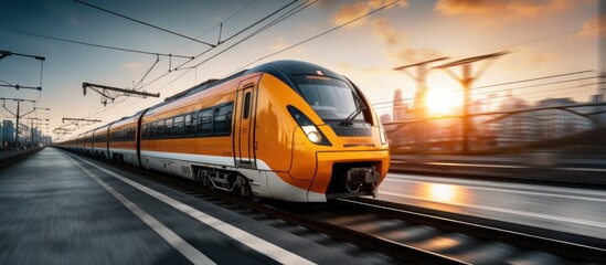 High speed train in motion on the background of the city at sunset. - obrazy, fototapety, plakaty