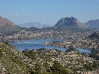 Fototapeta premium Water reservoir, surrounded by mountains, with vegetation and natural pine forests, on a day with a clear, blue sky