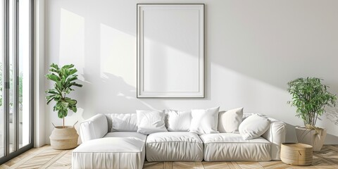Salon minimaliste avec canapé et cadre vierge sur le mur, sol en bois, couleur blanche, lumière naturelle provenant de la fenêtre, plante dans le coin, décoration d'intérieur élégante.