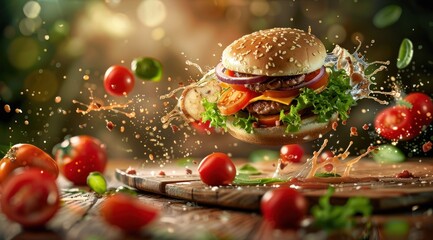 Hamburger volant avec éclaboussures et ingrédients, sur une table en bois, publicité alimentaire. - obrazy, fototapety, plakaty