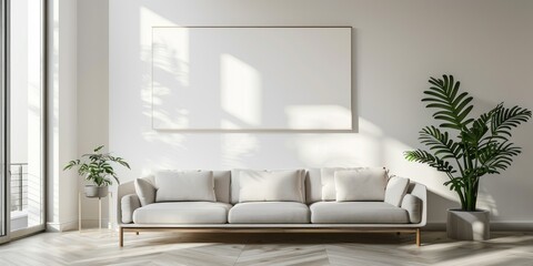 Obraz premium Salon minimaliste avec canapé et cadre vierge sur le mur, sol en bois, couleur blanche, lumière naturelle provenant de la fenêtre, plante dans le coin, décoration d'intérieur élégante.