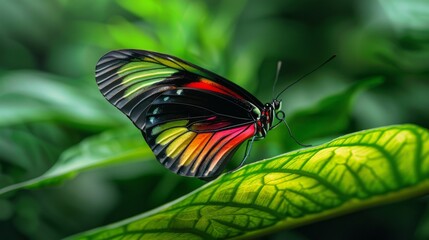 Fototapeta premium Close-up of a colorful butterfly resting delicately on a vibrant green leaf