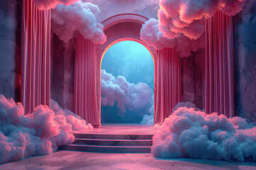 Surreal dreamy scene with pastel pink and blue clouds forming an archway leading to the entrance of a grand room, creating a magical atmosphere. Created with Ai