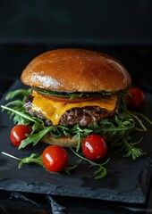 Hamburger avec viande, tomate et fromage, fond sombre, assiette en ardoise noire, publicité alimentaire, image avec espace pour texte.