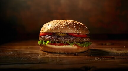 Un hamburger de fast-food sur une table en bois sur un fond sombre, publicité alimentaire, image avec espace pour texte.