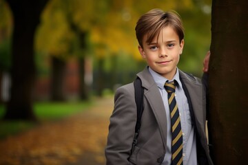 school boy in a uniform, outdoors, nice weather, autumn, professional portrait