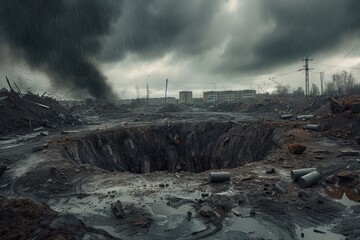 Moody weather post-apocalyptic wide angle view of a huge crater of bombs in the ground in the middle of a war-torn city