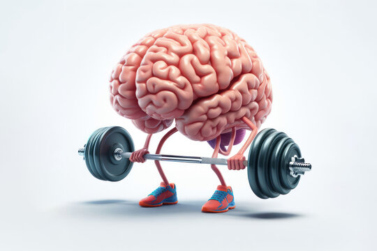 Brain exercising muscles lifting heavy weights isolated on white background