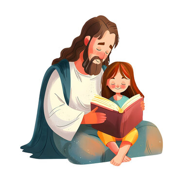 recommend clip art: Jesus Christ and kid reading the holy bible book isolated on transparent background.