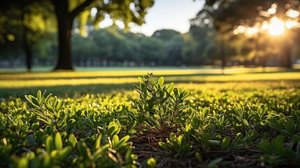 Green plant growing on grass in the park at sunset. Nature background