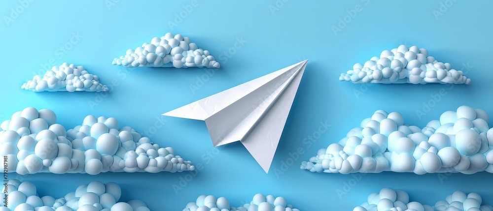 Leinwandbilder A 3D illustration of a paper plane with a cloud in the background. A banner template for travel with aircraft and clouds. A 3D rendering of an email with a bell notification.