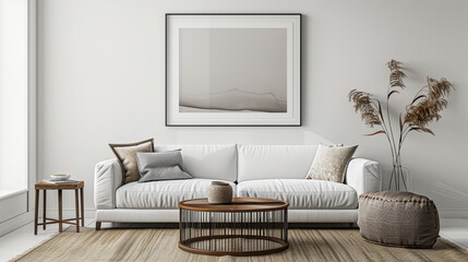 White theme livning room wiith white frame poster, interior design