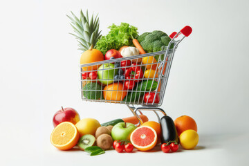 Shopping cart filled with fruits and vegetables isolated on a white background copy space