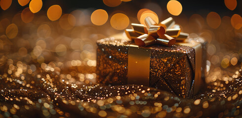Golden gift box with bow on dark background in the style of golden christmas decorations and bokeh lights. Created with Ai