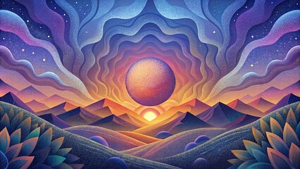 Obraz premium Abstract fractal Fantasy planet, wavy futuristic space background. particle sphere, science background, planet, sunrise mountain, Glows and particles graphic design, wallpaper