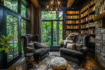 Cozy reading nook with plush armchairs and a floor-to-ceiling bookshelf filled with novels. - obrazy, fototapety, plakaty