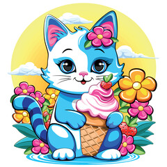 Kitty Cat Cute and happy Summer Cartoon Character with ice cream flowers and Strawberries vector illustration isolated on white. © BluedarkArt TheChameleonArt