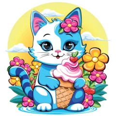 Lichtdoorlatende rolgordijnen Draw Kitty Cat Cute and happy Summer Cartoon Character with ice cream flowers and Strawberries vector illustration isolated on white. © BluedarkArt TheChameleonArt