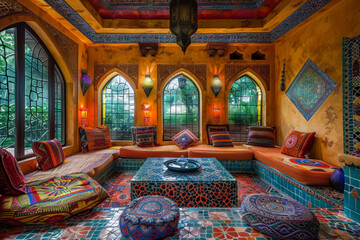 Moroccan living room with vibrant colors, intricate tile work.