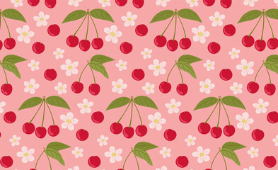 Seamless pattern with cherry twigs, green leaves and light pink flowers. Cute berry summer background, template for gift wrapping, fabric, paper, bed linen, textile