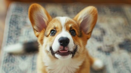 Cute corgi puppy looking up with an endearing smile, melting hearts instantly - obrazy, fototapety, plakaty