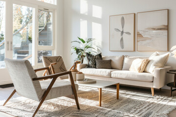 Scandinavian living room with clean lines, neutral tones.
