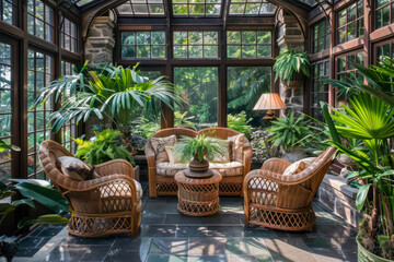 Sunlit conservatory filled with wicker furniture, overflowing with lush greenery.