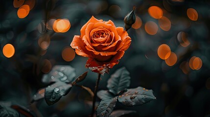 A vibrant single orange rose captured in a stunning close up shot