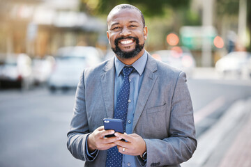 Business, portrait and black man with phone in city for social media, networking and consultant...