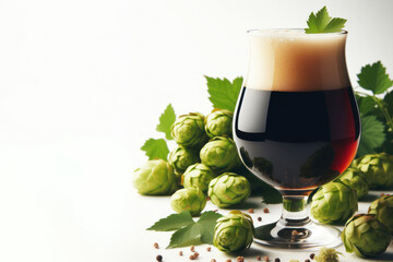 large glass of dark beer on a white background with hops - obrazy, fototapety, plakaty